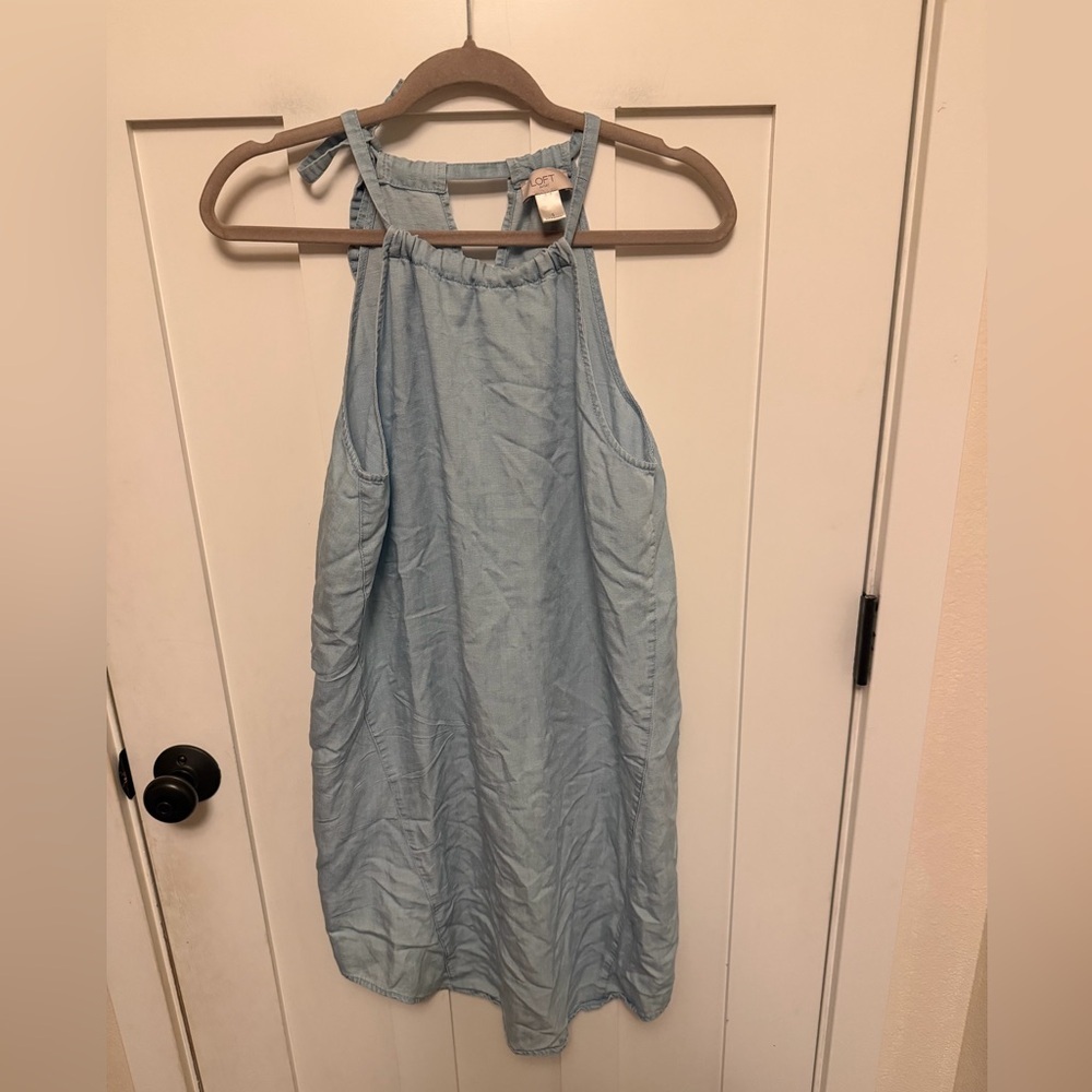 Loft Chambray Sleeveless Dress Size Small High Tie Neck TENCEL Linen Blend